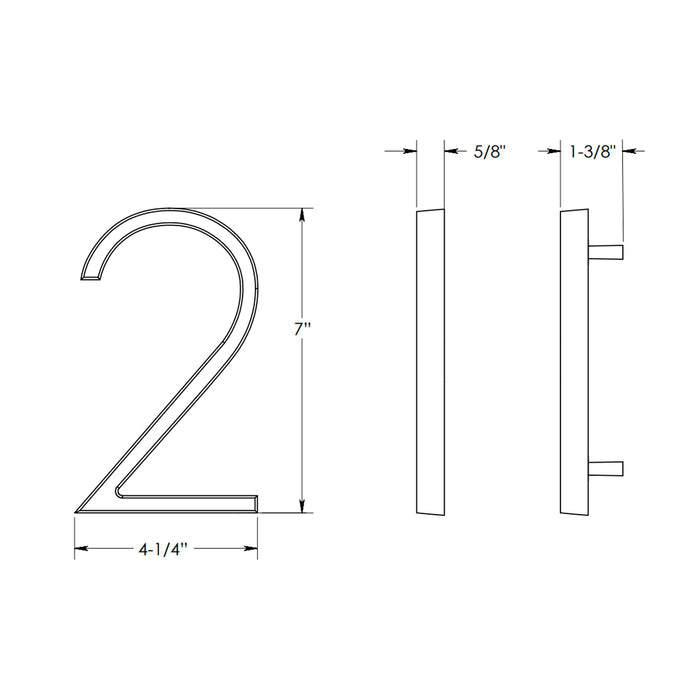 Modern "2" House Numbers - Wall Mount - 7" Zinc/Satin Nickel
