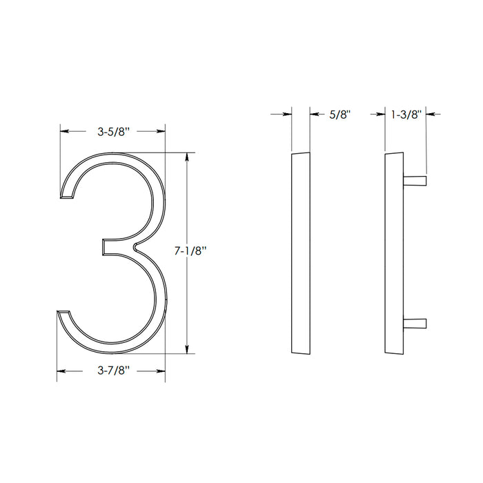 Modern "3" House Numbers - Wall Mount - 7" Zinc/Satin Brass