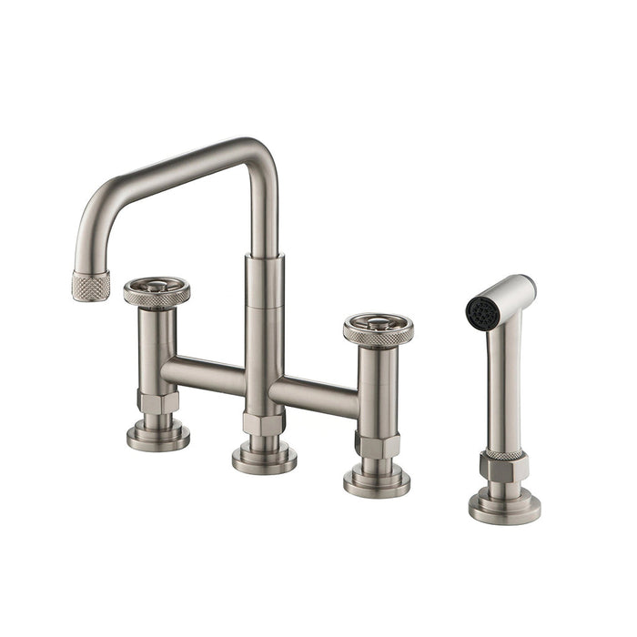 Knurled Bridge Kitchen Faucet - Widespread - 12" Brass/Satin Nickel