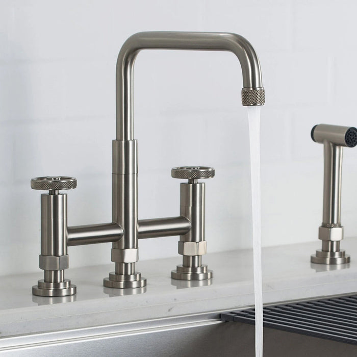 Knurled Bridge Kitchen Faucet - Widespread - 12" Brass/Satin Nickel
