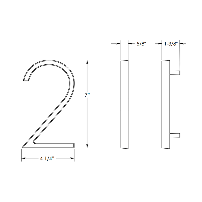 Modern "2" House Numbers - Wall Mount - 7" Zinc/Flat Black