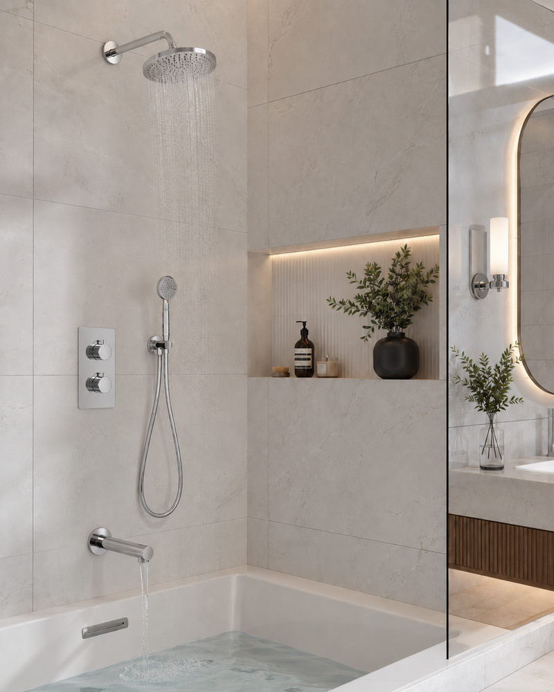 Metro 3-Way Thermostatic Trim Complete Shower Set - Wall Mount - 6" Brass/Polished Chrome