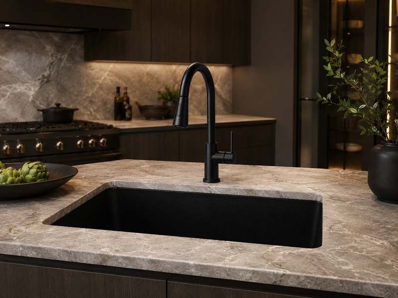Forteza 33" Granite Composite Undermount Kitchen Sink & Bliss Pull-Out Faucet Set - Black/Matt Black