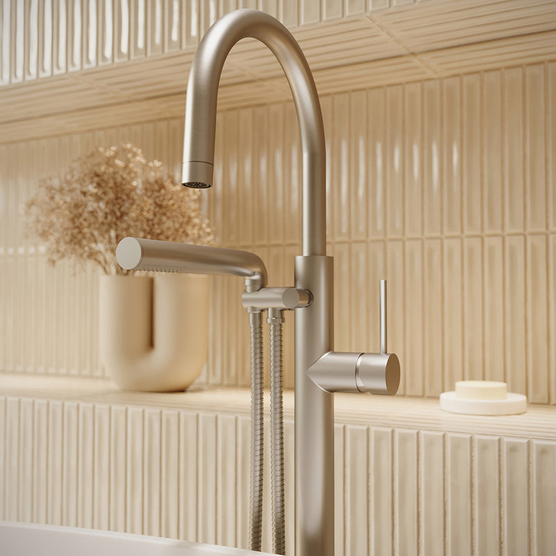 Umix Hand Shower Tub Faucet - Floor Mount - 41" Brass/Brushed Nickel