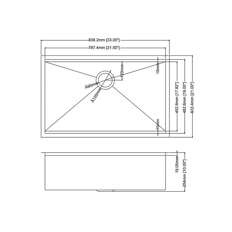 Handmade Single Bowl Kitchen Sink - Under Mount - 33" Stainless Steel/Matt Gold
