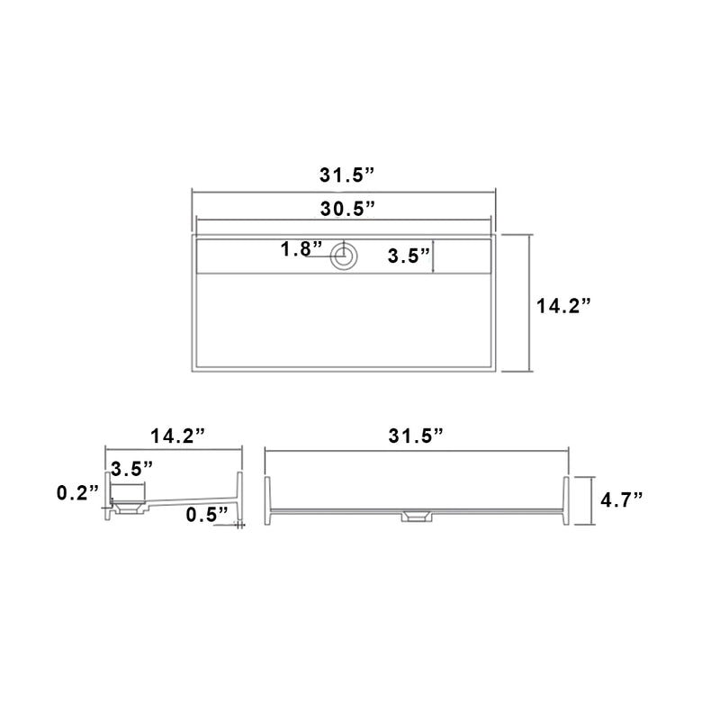 Rectangular Bathroom Sink - Vessel - 32" Solid Surface/Matt White