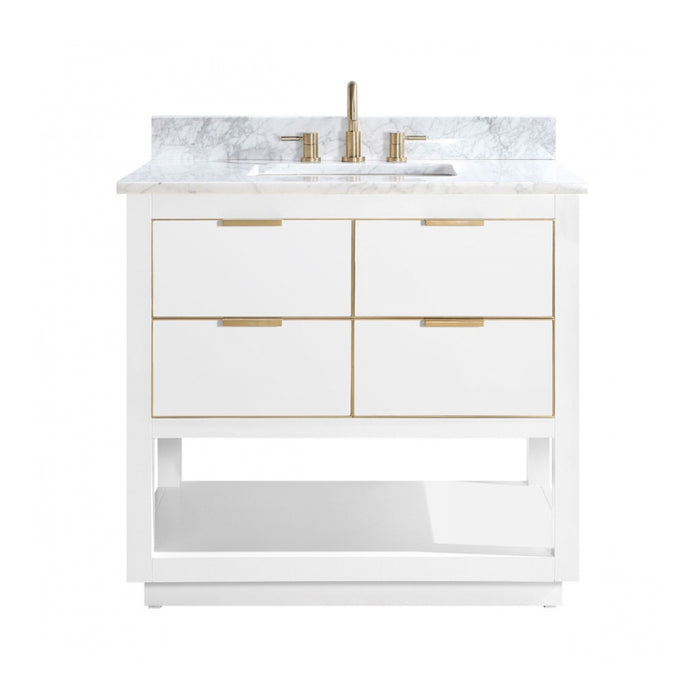 Allie 4 Drawers Bathroom Vanity with Carrara Sink - Floor Mount - 36" Wood/White/Matte Gold