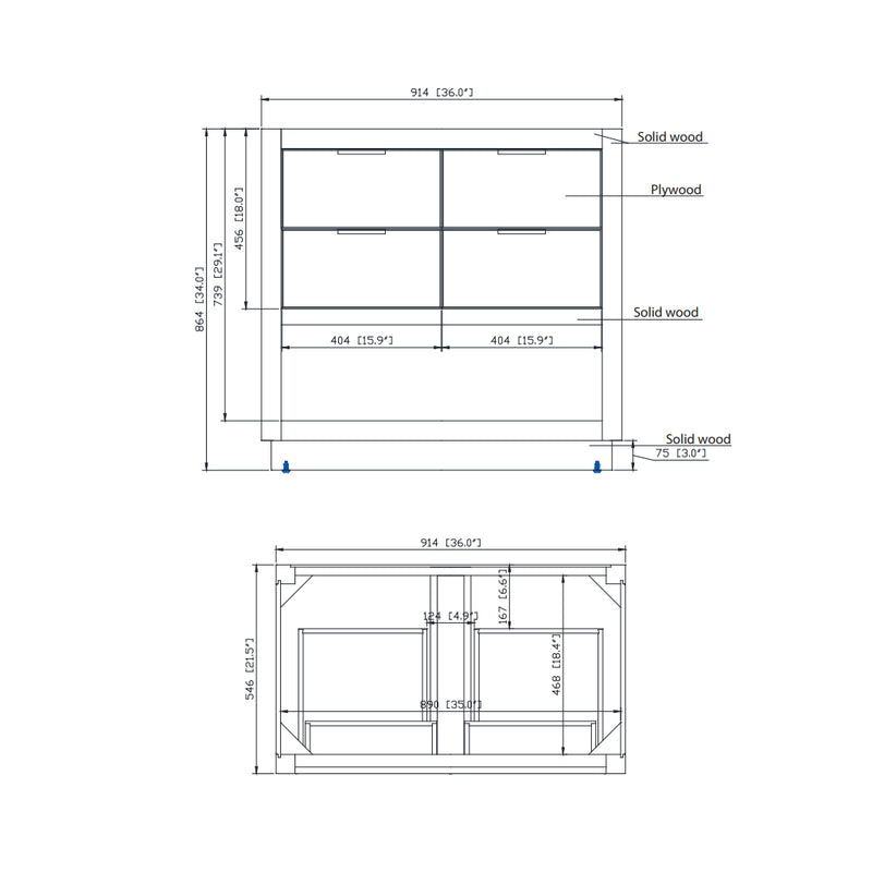 Allie 4 Drawers Bathroom Vanity with Carrara Sink - Floor Mount - 36" Wood/White/Matte Gold