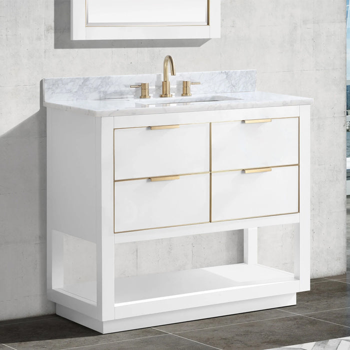 Allie 4 Drawers Bathroom Vanity with Carrara Sink - Floor Mount - 36" Wood/White/Matte Gold