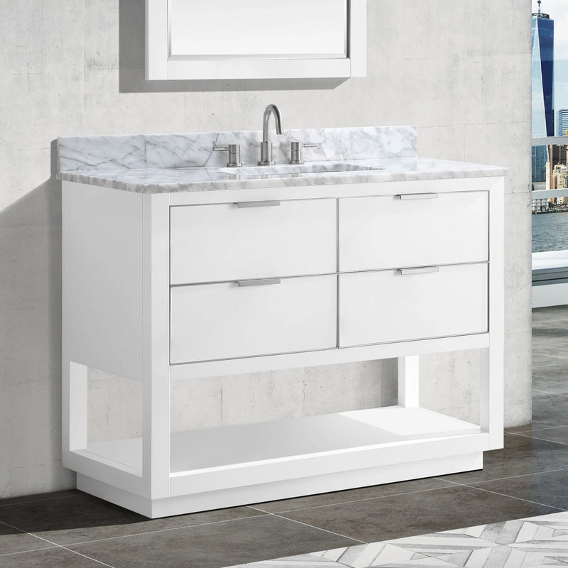 Allie 4 Drawers Bathroom Vanity with Carrara Sink - Floor Mount - 42" Wood/White/Brushed Silver