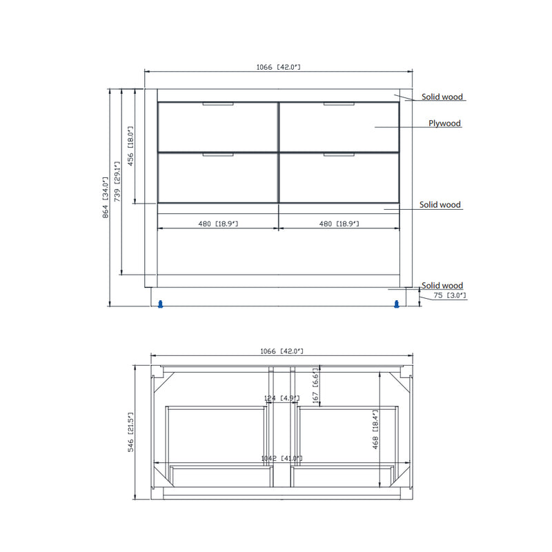 Allie 4 Drawers Bathroom Vanitywith Carrara Sink - Floor Mount - 42" Wood/White/Matte Gold
