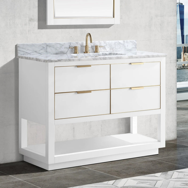 Allie 4 Drawers Bathroom Vanitywith Carrara Sink - Floor Mount - 42" Wood/White/Matte Gold