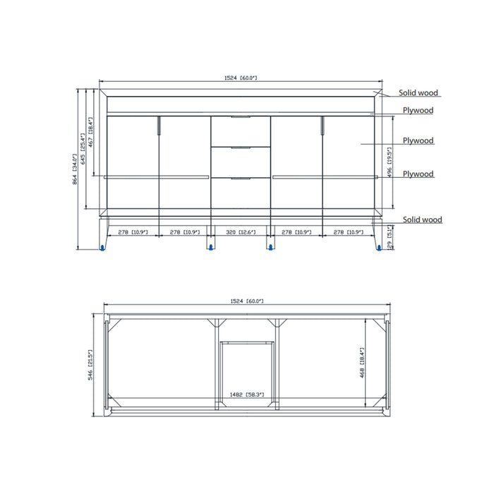 Emma 4 Doors And 3 Drawers Bathroom Vanity with Carrara Sink - Floor Mount - 60" Wood/Dove Gray