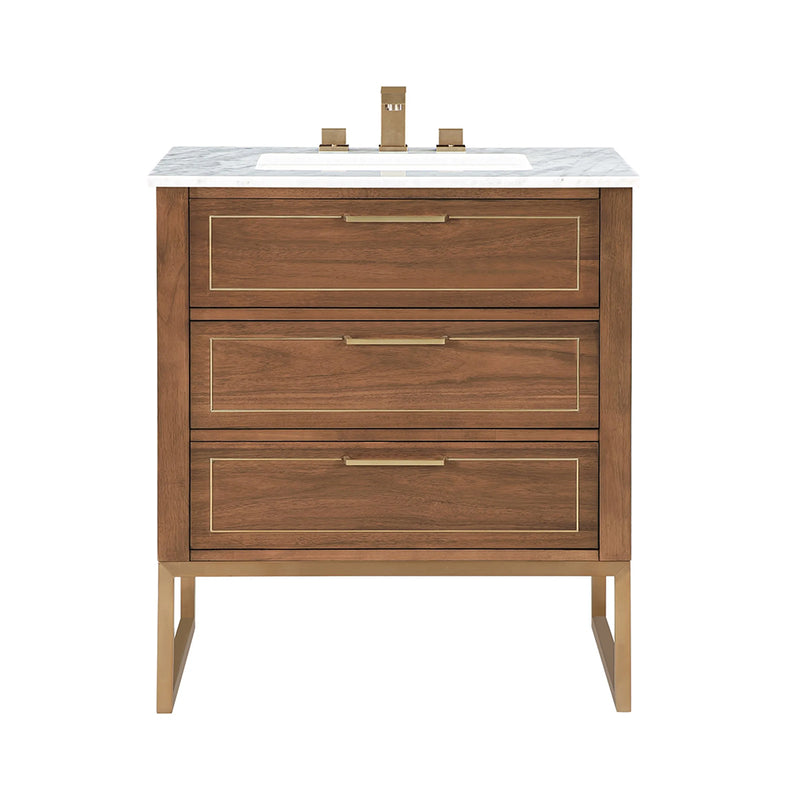 Markham 3 Drawers Bathroom Vanity with Carrara Marble Sink - Floor Mount - 30" Wood/Walnut/Satin Brass