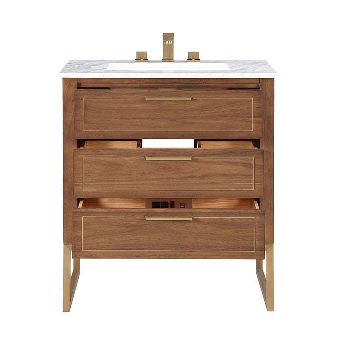 Markham 3 Drawers Bathroom Vanity with Carrara Marble Sink - Floor Mount - 30" Wood/Walnut/Satin Brass