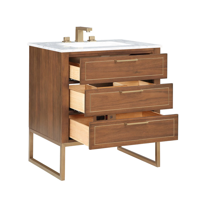 Markham 3 Drawers Bathroom Vanity with Carrara Marble Sink - Floor Mount - 30" Wood/Walnut/Satin Brass