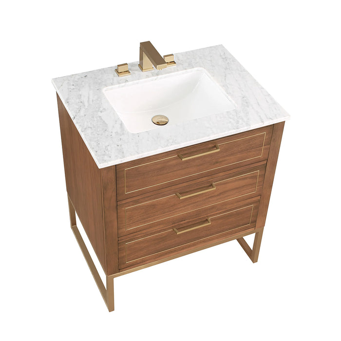 Markham 3 Drawers Bathroom Vanity with Carrara Marble Sink - Floor Mount - 30" Wood/Walnut/Satin Brass