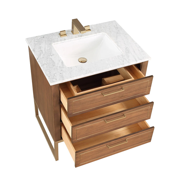 Markham 3 Drawers Bathroom Vanity with Carrara Marble Sink - Floor Mount - 30" Wood/Walnut/Satin Brass