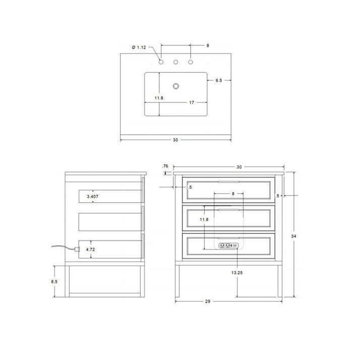 Markham 3 Drawers Bathroom Vanity with Carrara Marble Sink - Floor Mount - 30" Wood/Walnut/Satin Brass