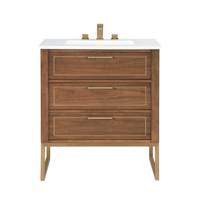 Markham 3 Drawers Bathroom Vanity with Quartz Sink - Floor Mount - 30" Wood/Walnut/Satin Brass