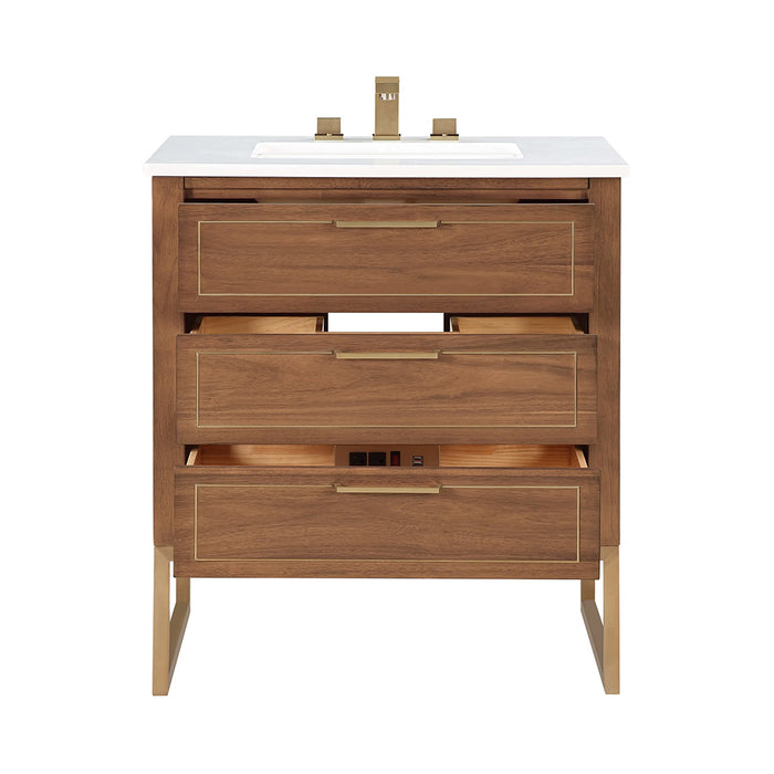 Markham 3 Drawers Bathroom Vanity with Quartz Sink - Floor Mount - 30" Wood/Walnut/Satin Brass