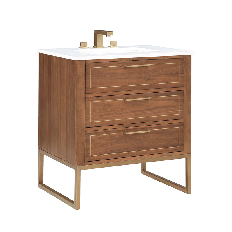 Markham 3 Drawers Bathroom Vanity with Quartz Sink - Floor Mount - 30" Wood/Walnut/Satin Brass
