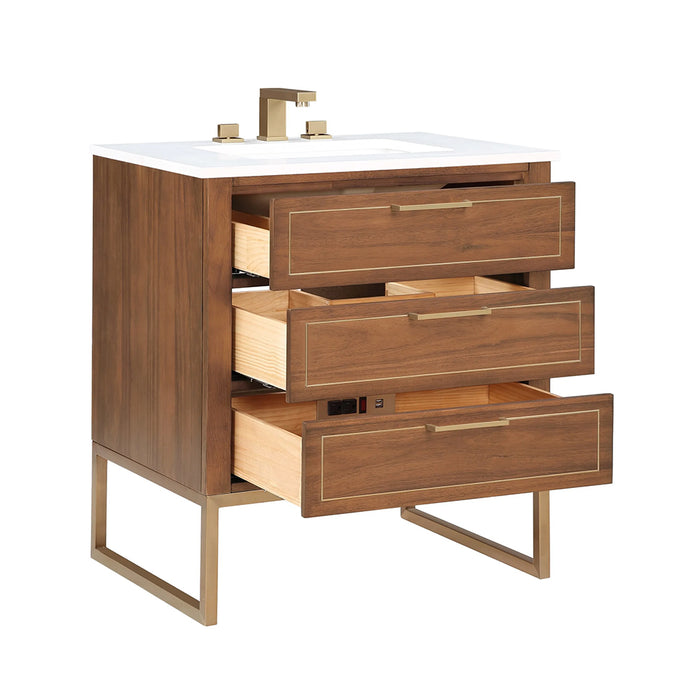 Markham 3 Drawers Bathroom Vanity with Quartz Sink - Floor Mount - 30" Wood/Walnut/Satin Brass