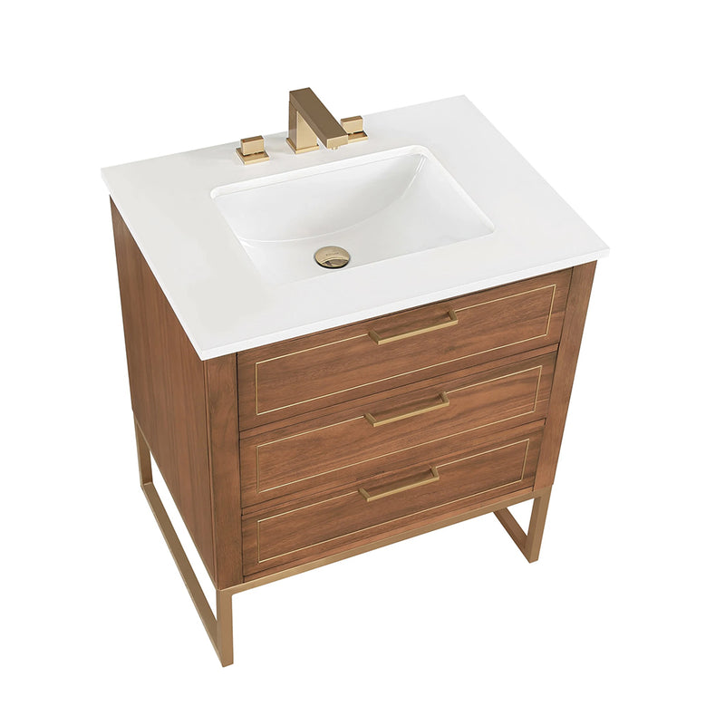 Markham 3 Drawers Bathroom Vanity with Quartz Sink - Floor Mount - 30" Wood/Walnut/Satin Brass