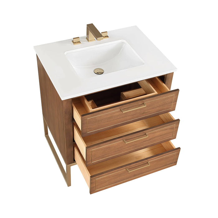 Markham 3 Drawers Bathroom Vanity with Quartz Sink - Floor Mount - 30" Wood/Walnut/Satin Brass