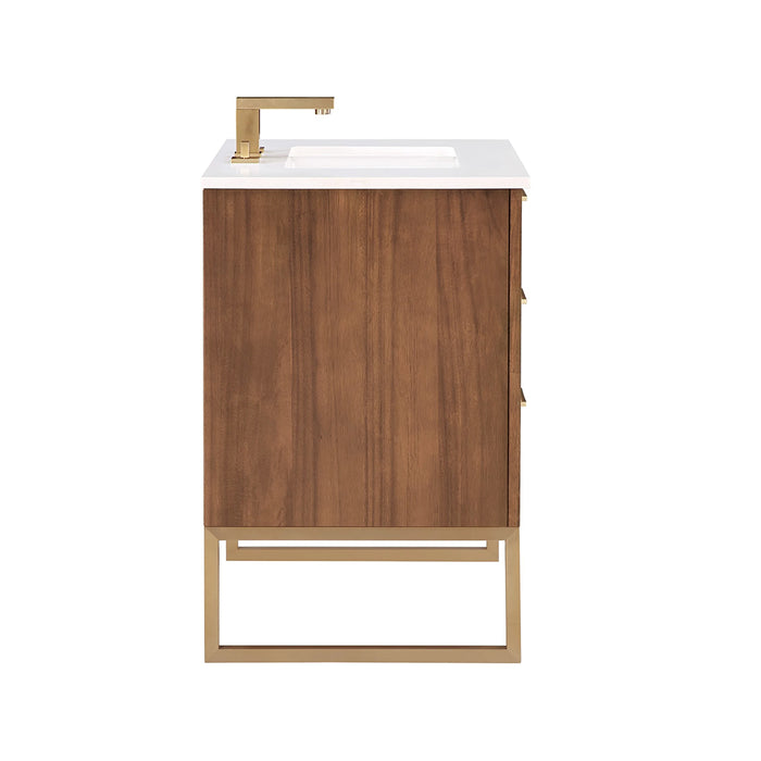 Markham 3 Drawers Bathroom Vanity with Quartz Sink - Floor Mount - 30" Wood/Walnut/Satin Brass