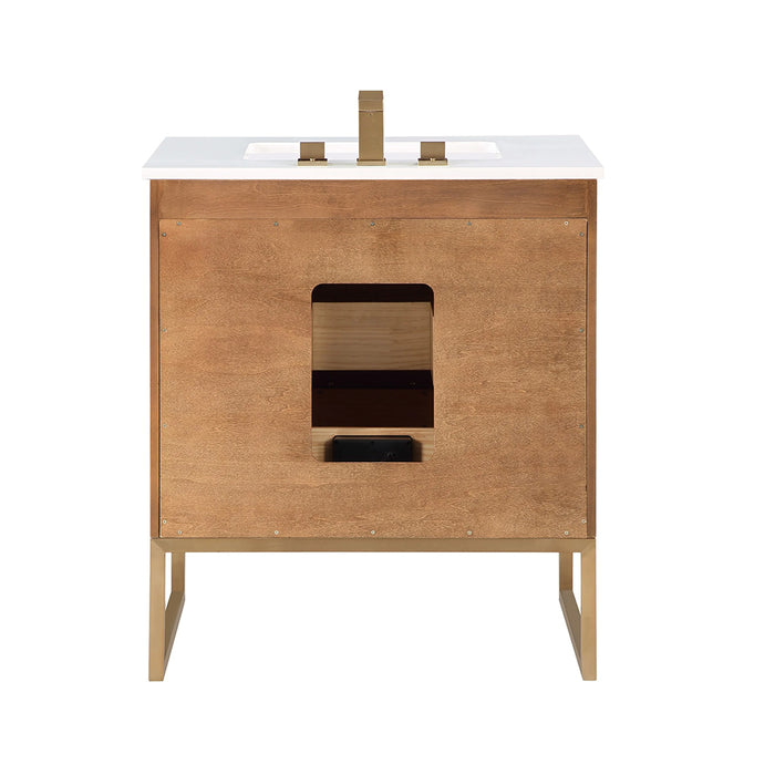 Markham 3 Drawers Bathroom Vanity with Quartz Sink - Floor Mount - 30" Wood/Walnut/Satin Brass