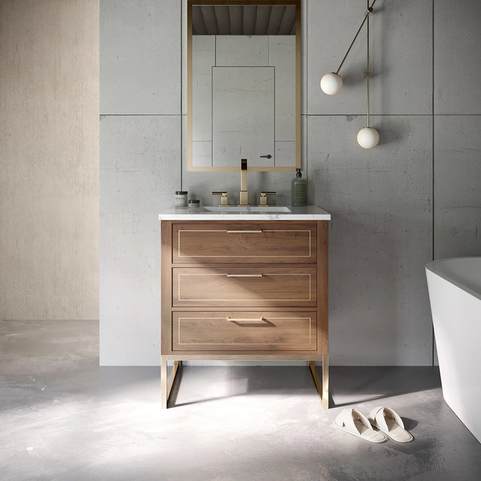 Markham 3 Drawers Bathroom Vanity with Quartz Sink - Floor Mount - 30" Wood/Walnut/Satin Brass