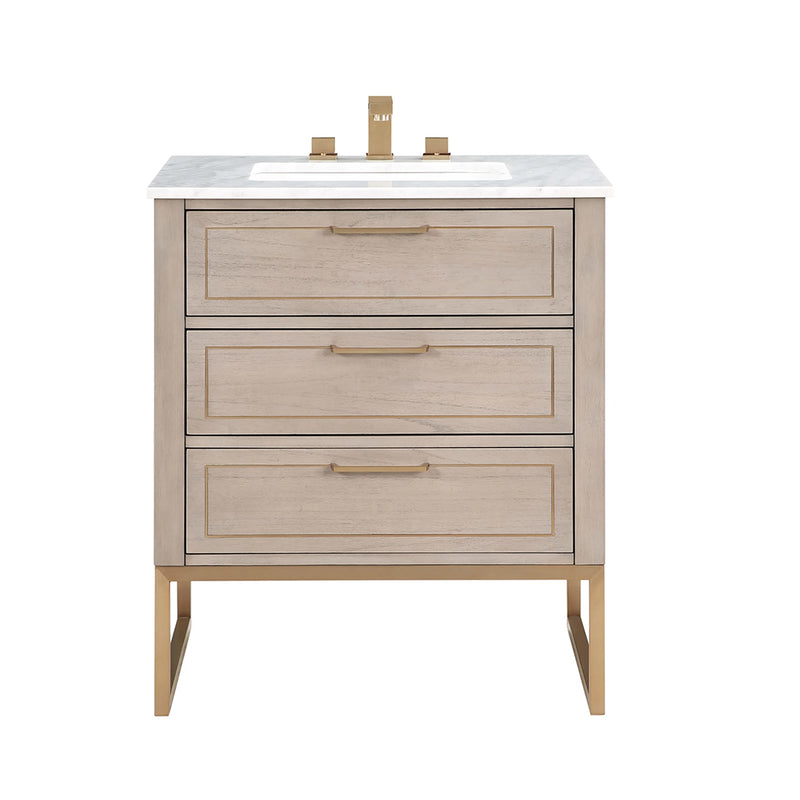 Markham 3 Drawers Bathroom Vanity with Carrara Marble Sink - Floor Mount - 30" Wood/Cashmere Grey/Satin Brass