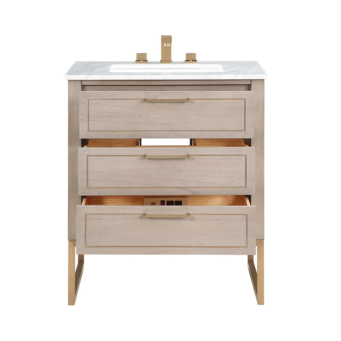 Markham 3 Drawers Bathroom Vanity with Carrara Marble Sink - Floor Mount - 30" Wood/Greywash/Satin Brass