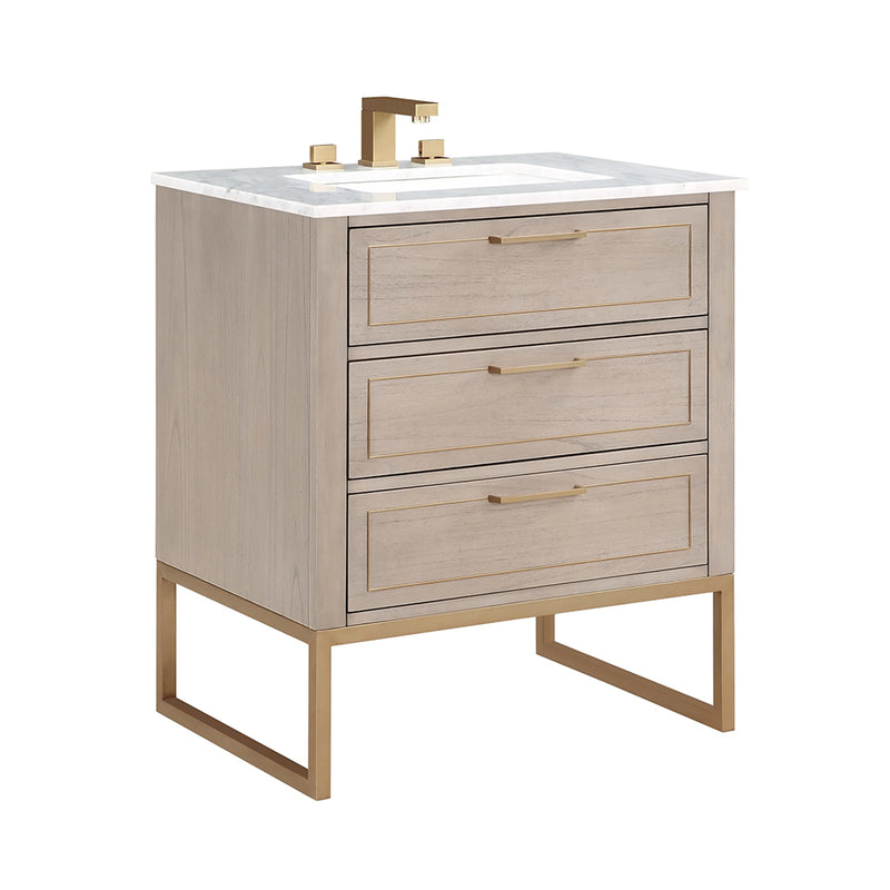 Markham 3 Drawers Bathroom Vanity with Carrara Marble Sink - Floor Mount - 30" Wood/Cashmere Grey/Satin Brass