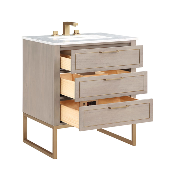 Markham 3 Drawers Bathroom Vanity with Carrara Marble Sink - Floor Mount - 30" Wood/Greywash/Satin Brass