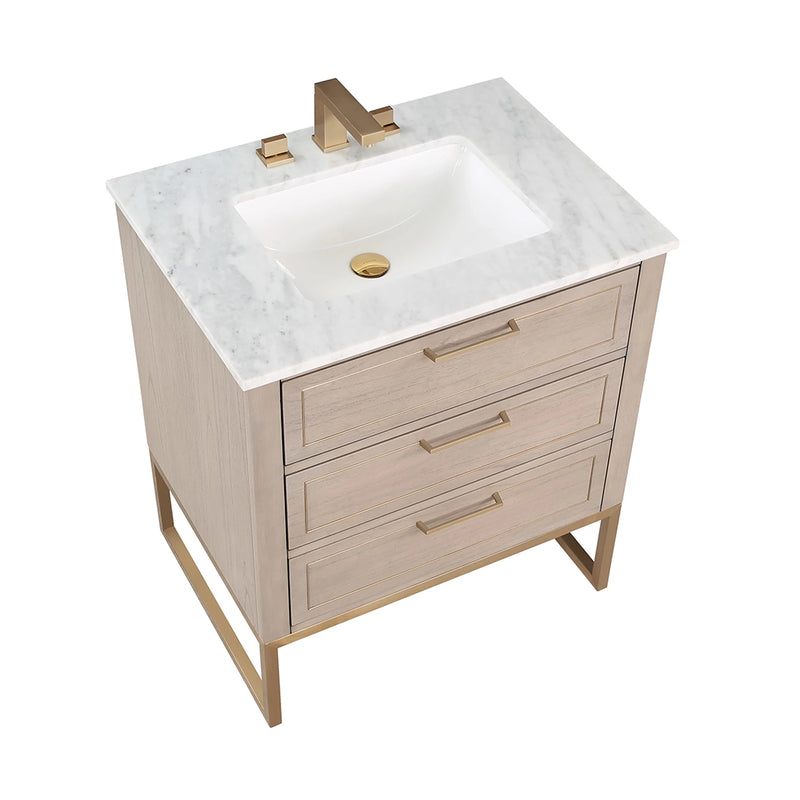 Markham 3 Drawers Bathroom Vanity with Carrara Marble Sink - Floor Mount - 30" Wood/Cashmere Grey/Satin Brass