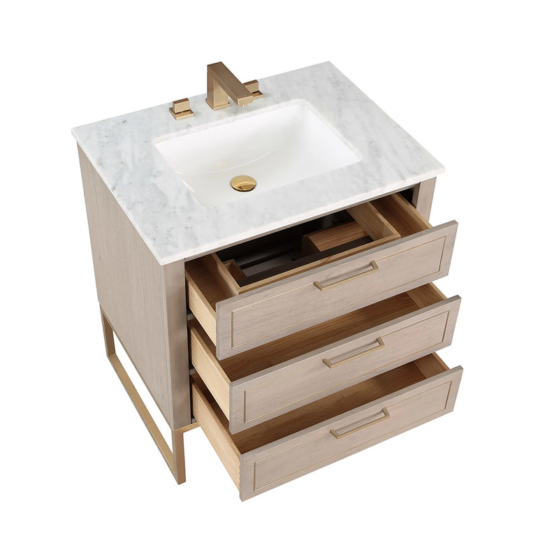 Markham 3 Drawers Bathroom Vanity with Carrara Marble Sink - Floor Mount - 30" Wood/Cashmere Grey/Satin Brass