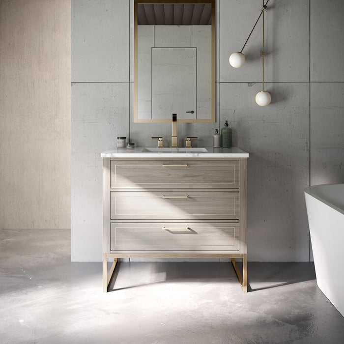 Markham 3 Drawers Bathroom Vanity with Carrara Marble Sink - Floor Mount - 30" Wood/Greywash/Satin Brass