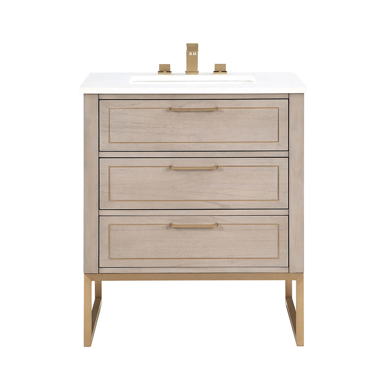 Markham 3 Drawers Bathroom Vanity with Quartz Sink - Floor Mount - 30" Wood/Cashmere Grey/Satin Brass