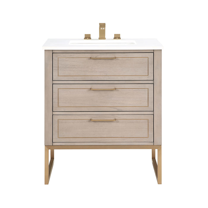 Markham 3 Drawers Bathroom Vanity with Quartz Sink - Floor Mount - 30" Wood/Greywash/Satin Brass