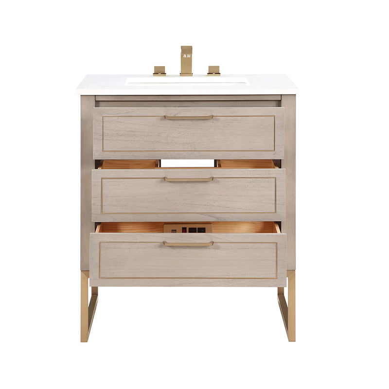 Markham 3 Drawers Bathroom Vanity with Quartz Sink - Floor Mount - 30" Wood/Cashmere Grey/Satin Brass