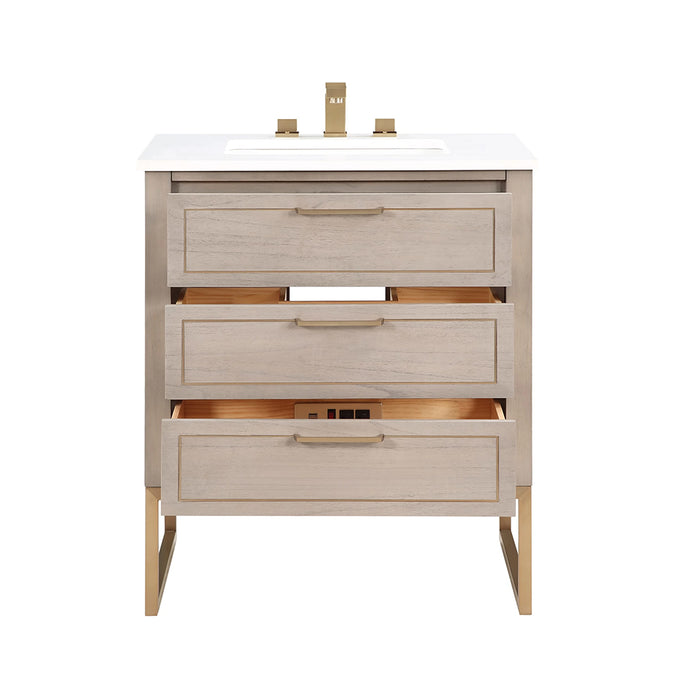 Markham 3 Drawers Bathroom Vanity with Quartz Sink - Floor Mount - 30" Wood/Greywash/Satin Brass