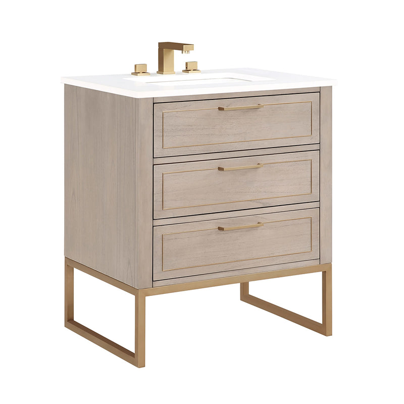 Markham 3 Drawers Bathroom Vanity with Quartz Sink - Floor Mount - 30" Wood/Cashmere Grey/Satin Brass