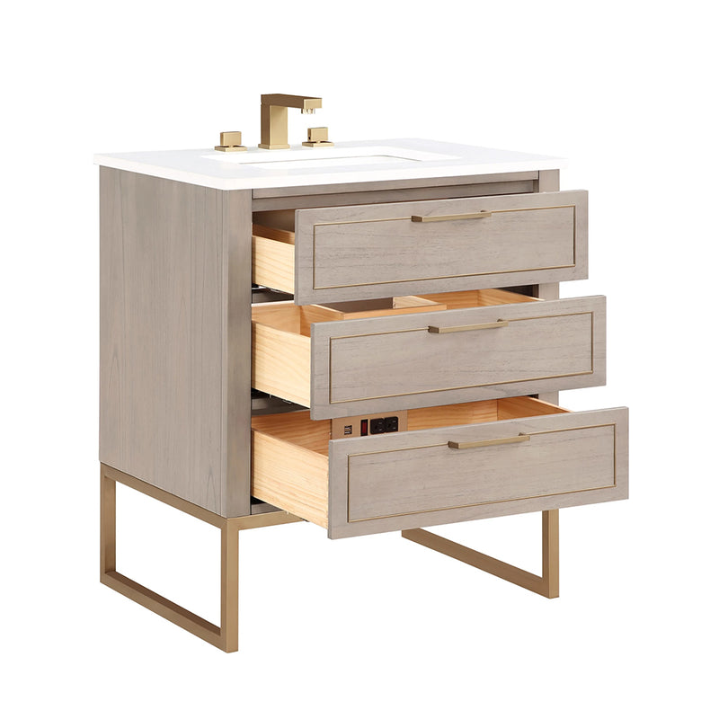 Markham 3 Drawers Bathroom Vanity with Quartz Sink - Floor Mount - 30" Wood/Cashmere Grey/Satin Brass
