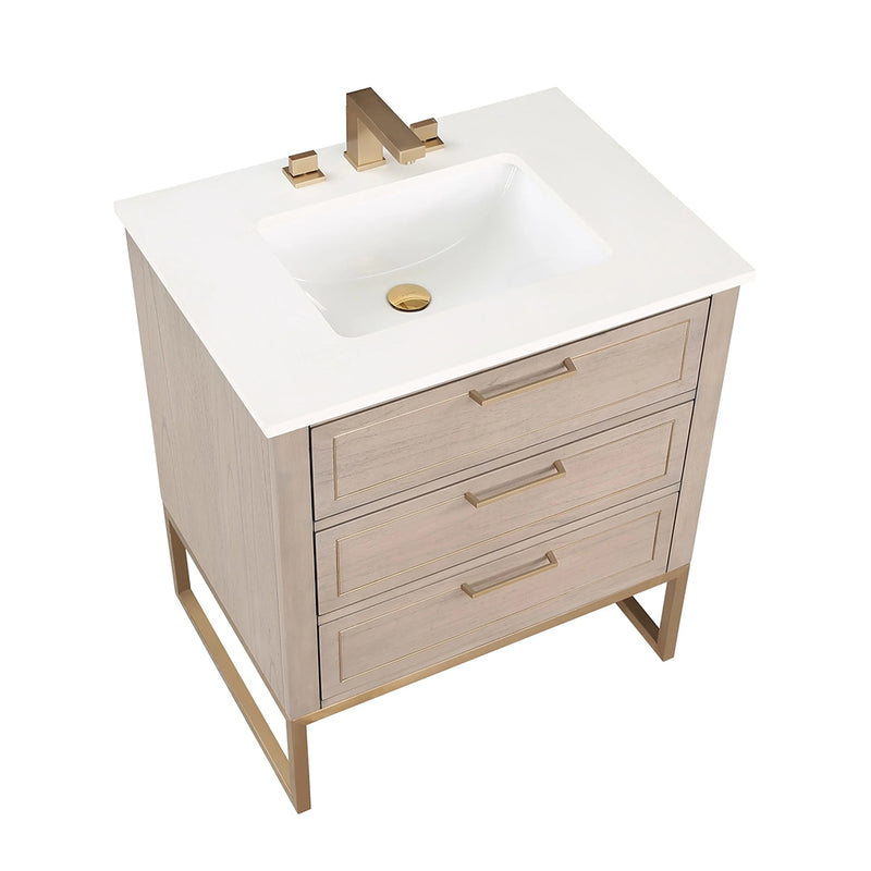 Markham 3 Drawers Bathroom Vanity with Quartz Sink - Floor Mount - 30" Wood/Cashmere Grey/Satin Brass