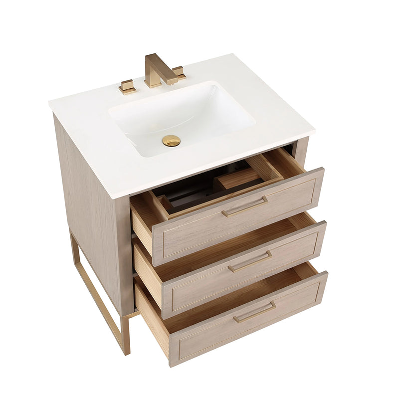 Markham 3 Drawers Bathroom Vanity with Quartz Sink - Floor Mount - 30" Wood/Cashmere Grey/Satin Brass
