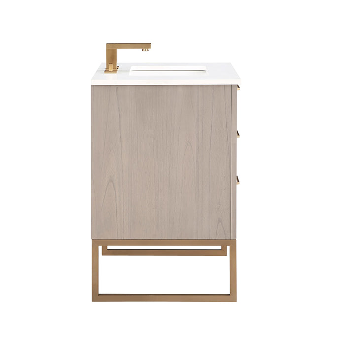 Markham 3 Drawers Bathroom Vanity with Quartz Sink - Floor Mount - 30" Wood/Greywash/Satin Brass