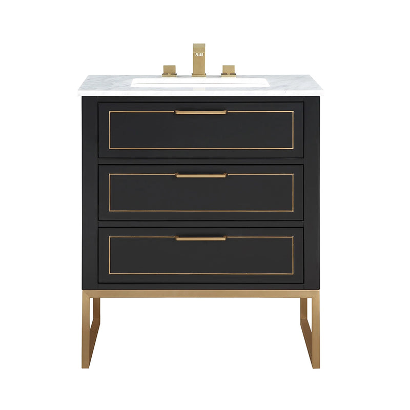 Markham 3 Drawers Bathroom Vanity with Carrara Marble Sink - Floor Mount - 30" Wood/Midnight Black/Satin Brass