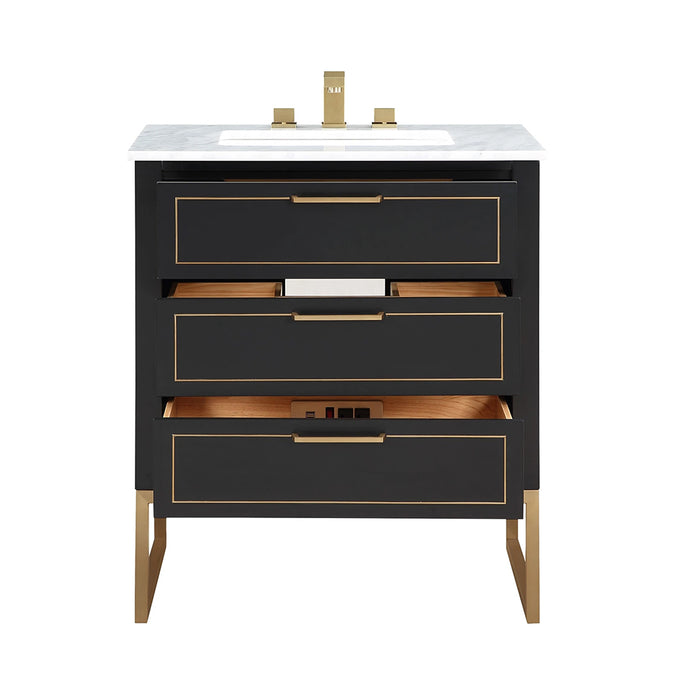 Markham 3 Drawers Bathroom Vanity with Carrara Marble Sink - Floor Mount - 30" Wood/Midnight Black/Satin Brass